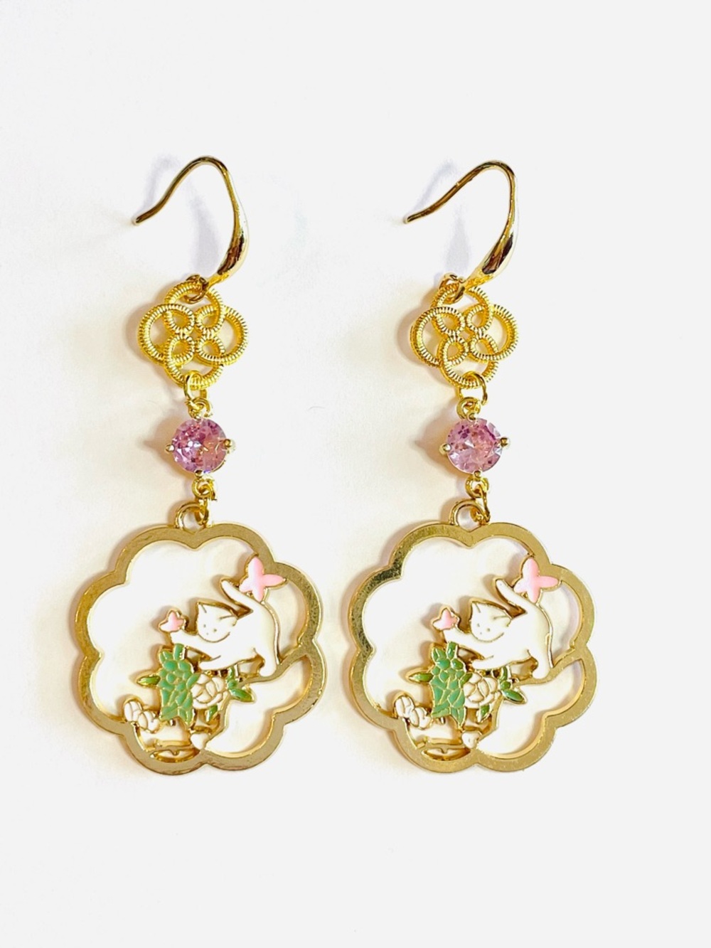 Gold-Tone Pink & Green Enamel Cat Drop Earrings